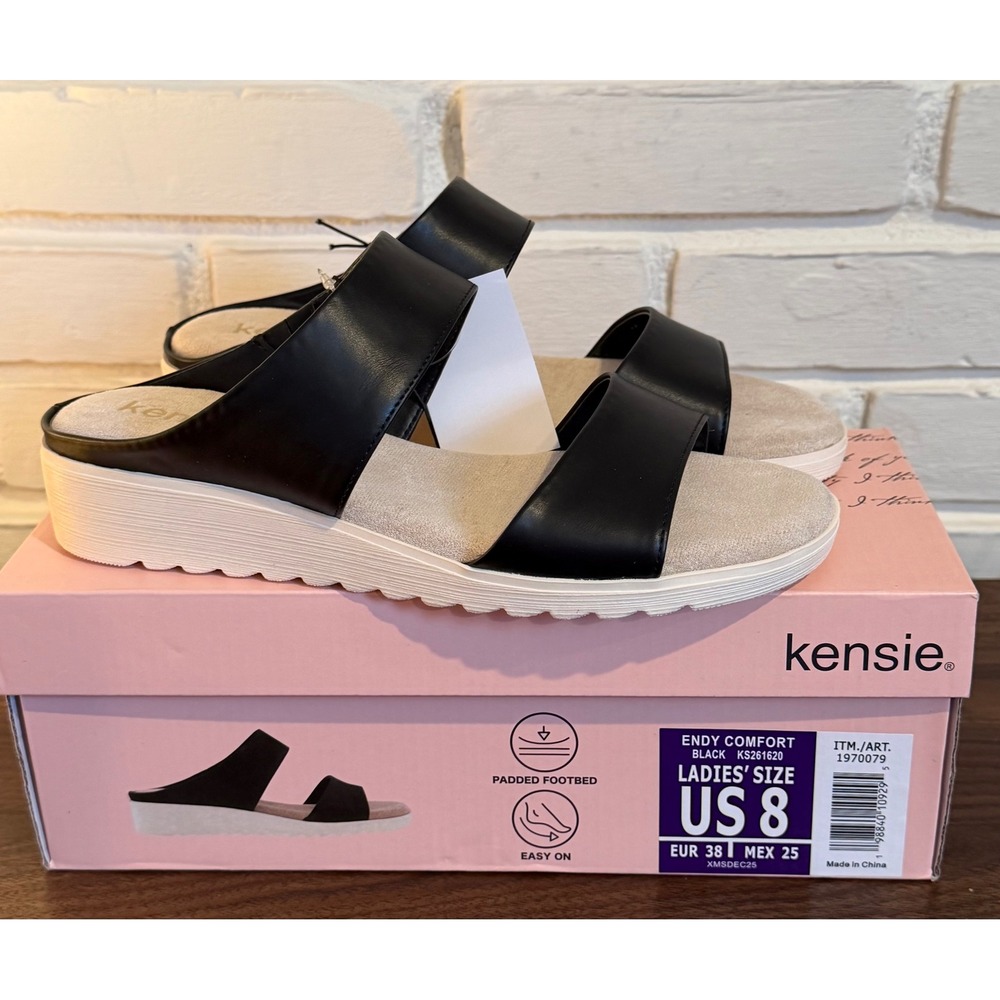 Kensie Endy Comfort Black Two Strap Slide Sandal Women •8• Summer Platform Beach